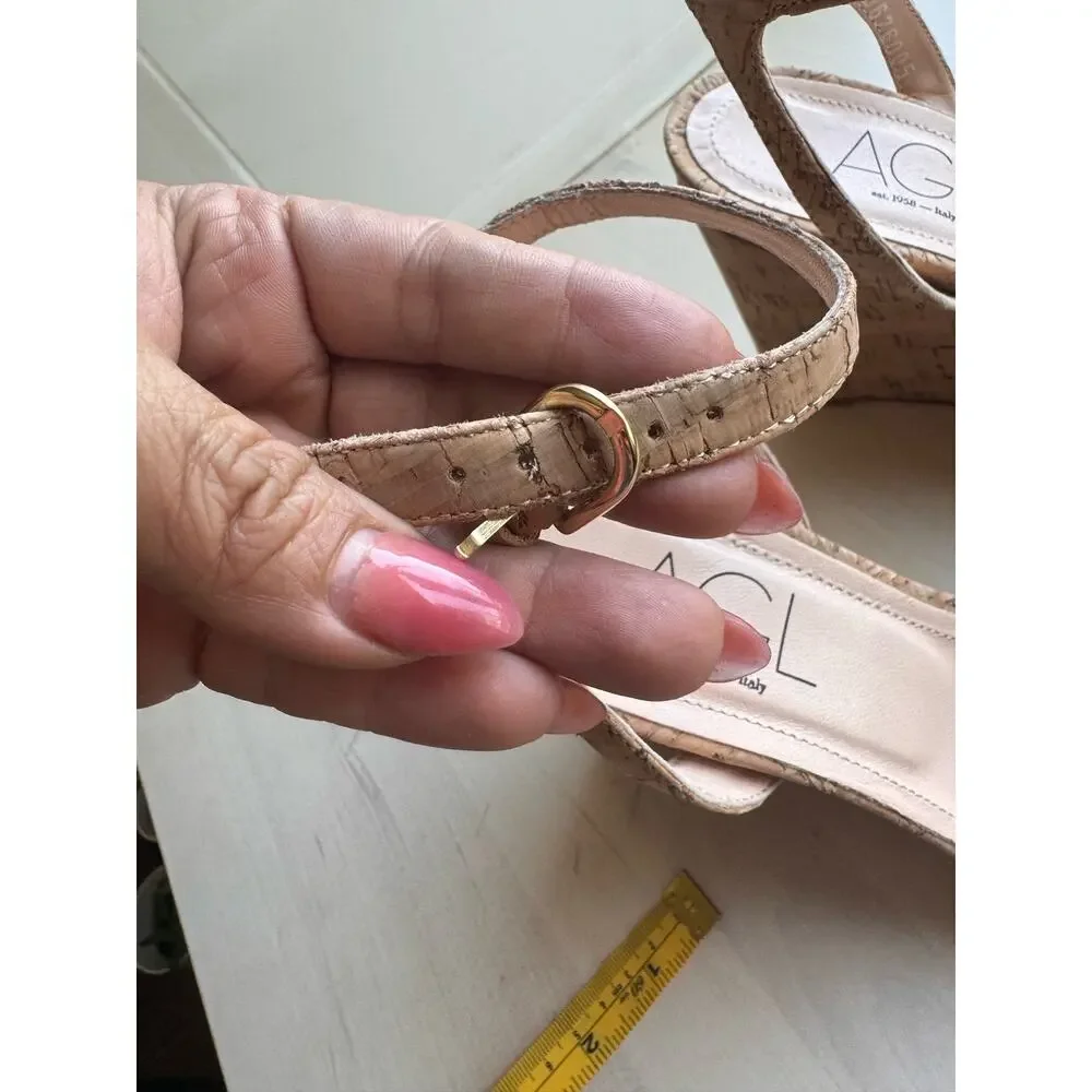 AGL Demi Tan Leather Cork Wedge Platform Ankle Strap Sandals EU 40 US 10